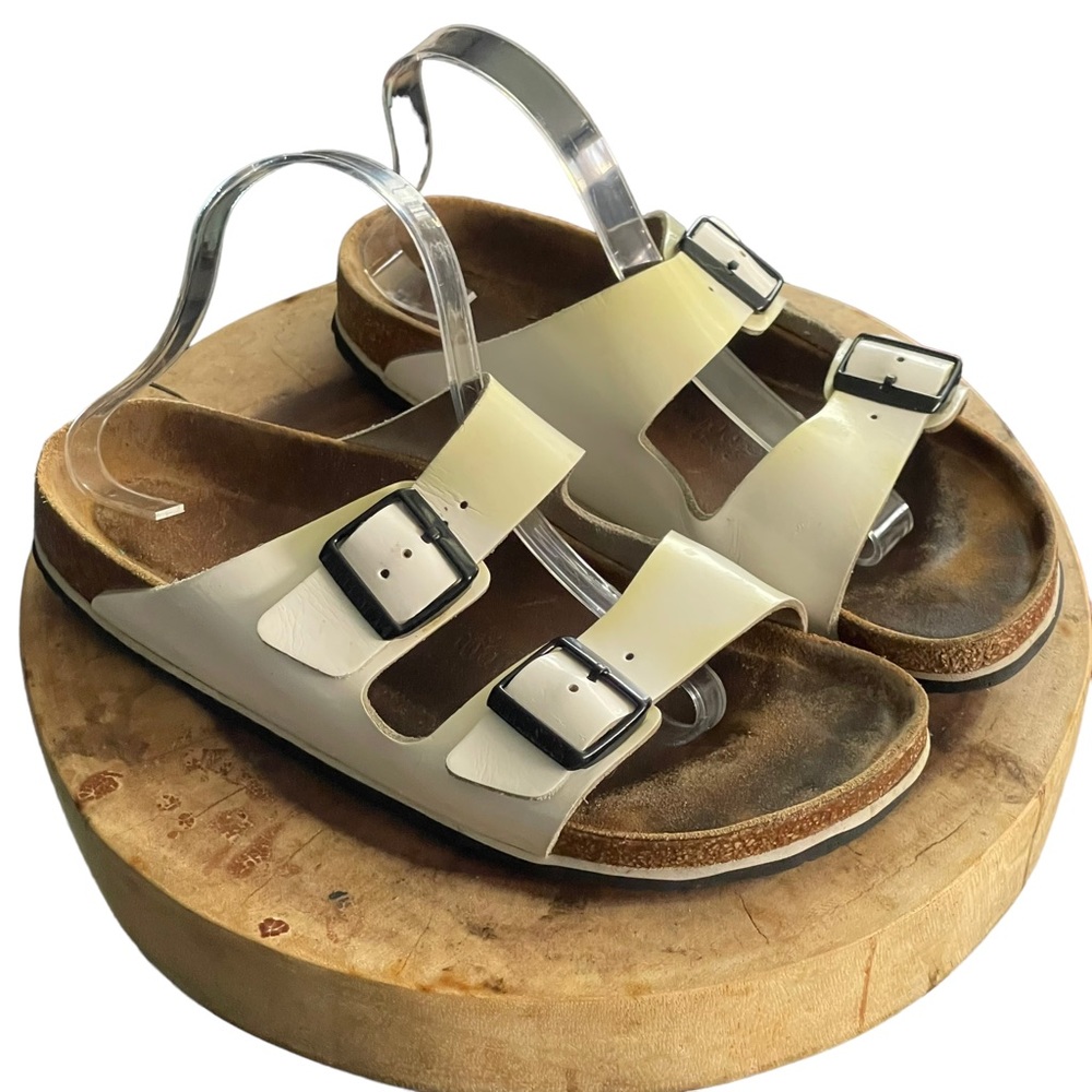 Birkenstock Women’s Sandals Size 42 US 11  2 Strap White Patent Leather STAINED